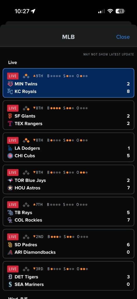 FanDuel — MLB live scores list across games.