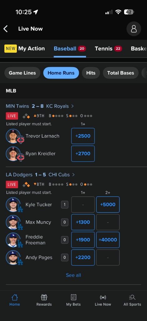 FanDuel — Live Now Home Runs market board.