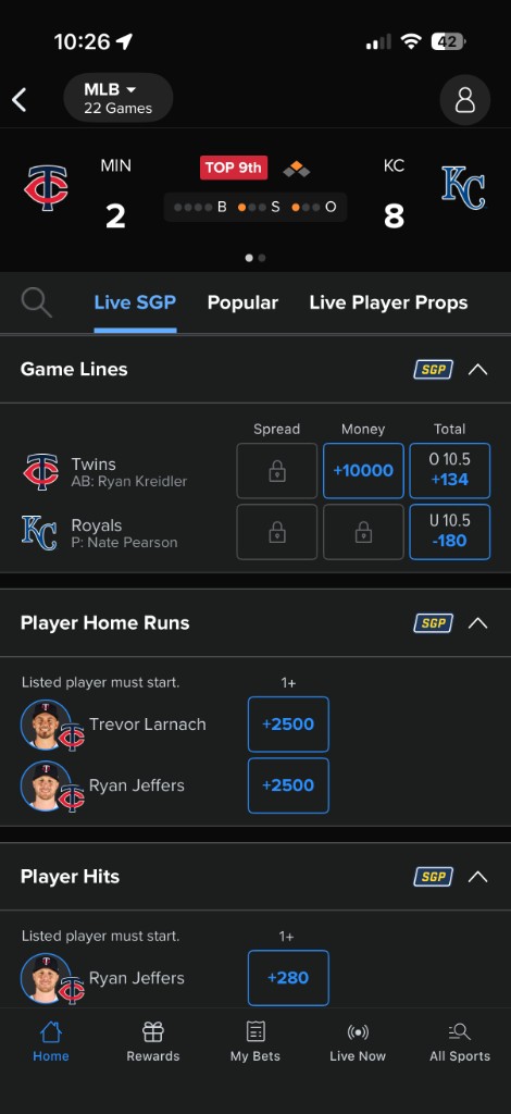 FanDuel — Live SGP game lines and same-game parlay options.