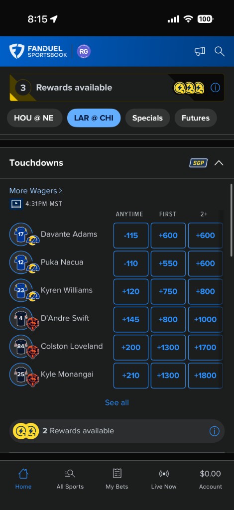 FanDuel — Touchdowns player props for LAR at CHI.